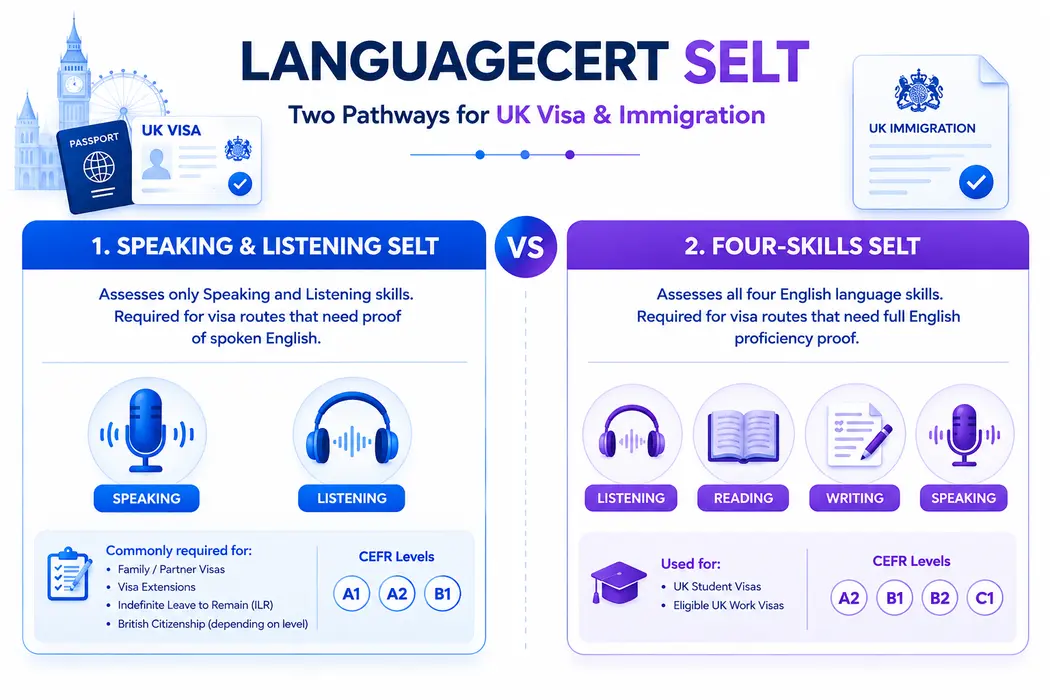 Types of LanguageCert SELT exams for UK visas and immigration
